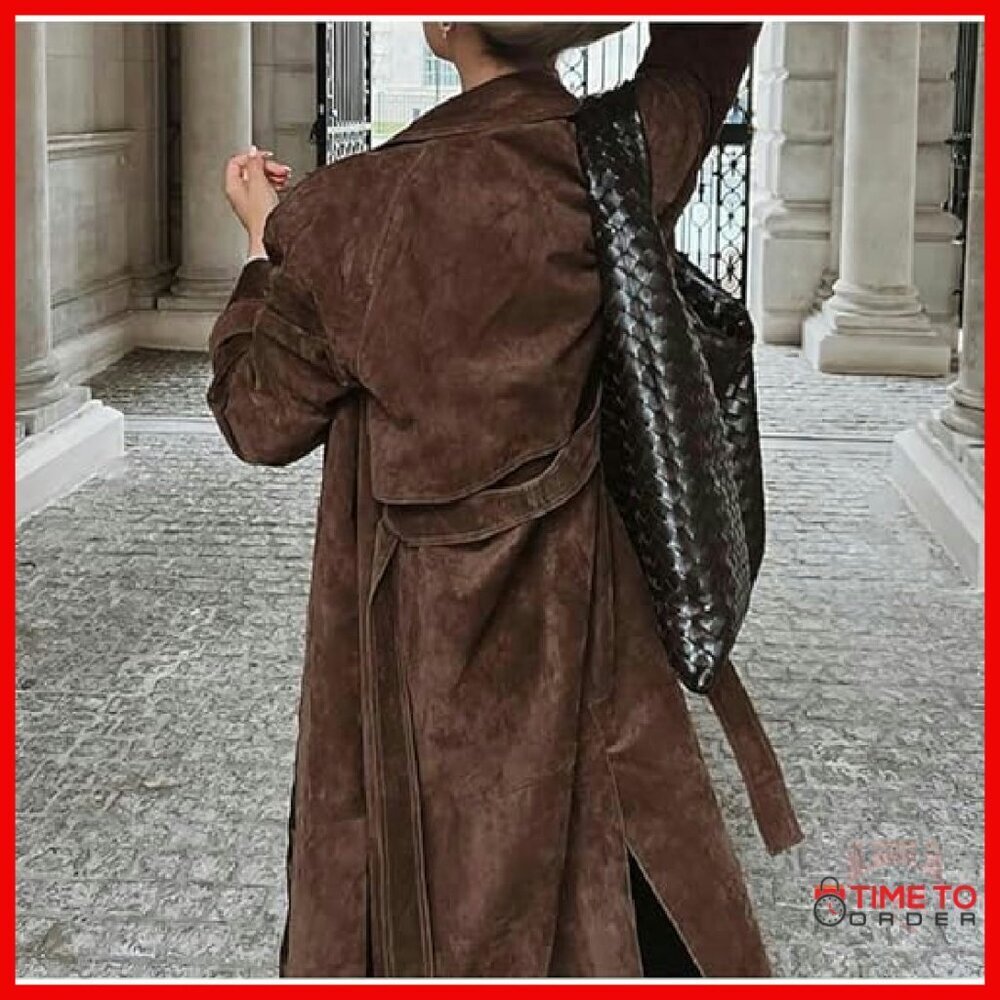 Faux Suede Long Trench Coat Double Breasted Belted Slim Fit Overcoat - Picture 4 of 8